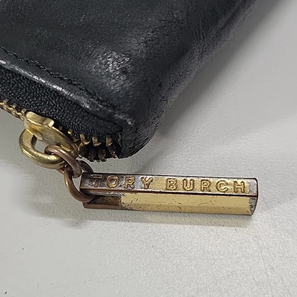 Tory Burch Black Leather Zip Wallet with Gold Logo